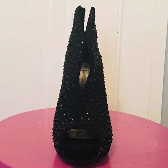 Material Girl Black Rhinestone Peep-Toe Bootie - Picture 2 of 2
